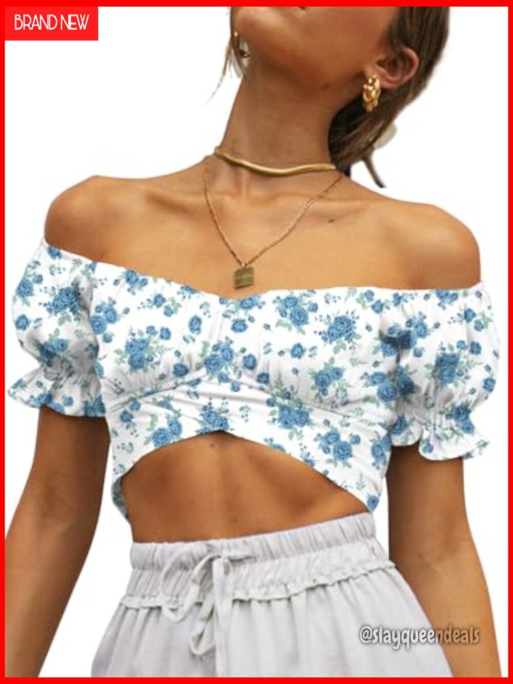 Ruffle Puff Sleeve Tie Back Crop Top Blouse Off Shoulder Cropped - Picture 4 of 7